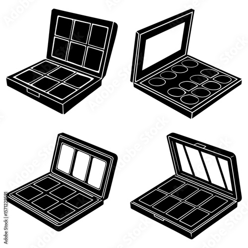 Four makeup palettes with different compartment arrangements in black and white style view
