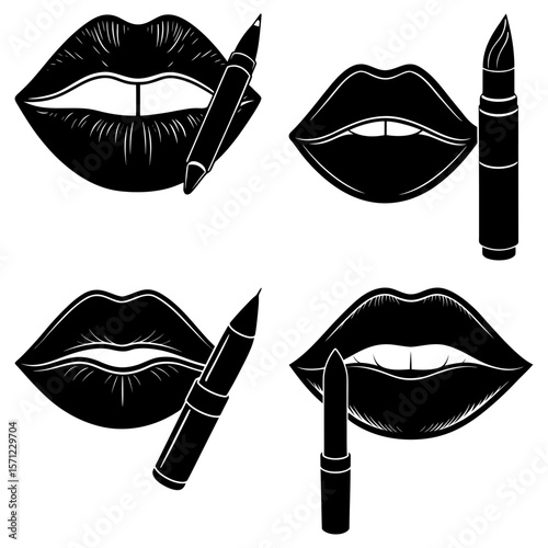 Four stylized black and white illustrations of lips paired with lipstick or lip liner products