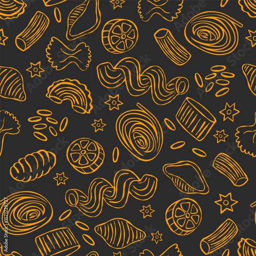 Pasta seamless pattern. Italian macaroni print with different types of pasta, farfalle, tortellini, penne, fusilli fettuccine, noodle food of Italy endless background. Vector texture