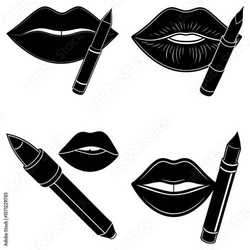 Illustration of lips and lipsticks in black and white style arranged in a seamless pattern design