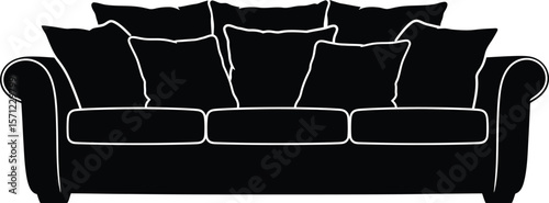 A plush sofa with numerous pillows offers a comfortable and stylish seating option for any living space