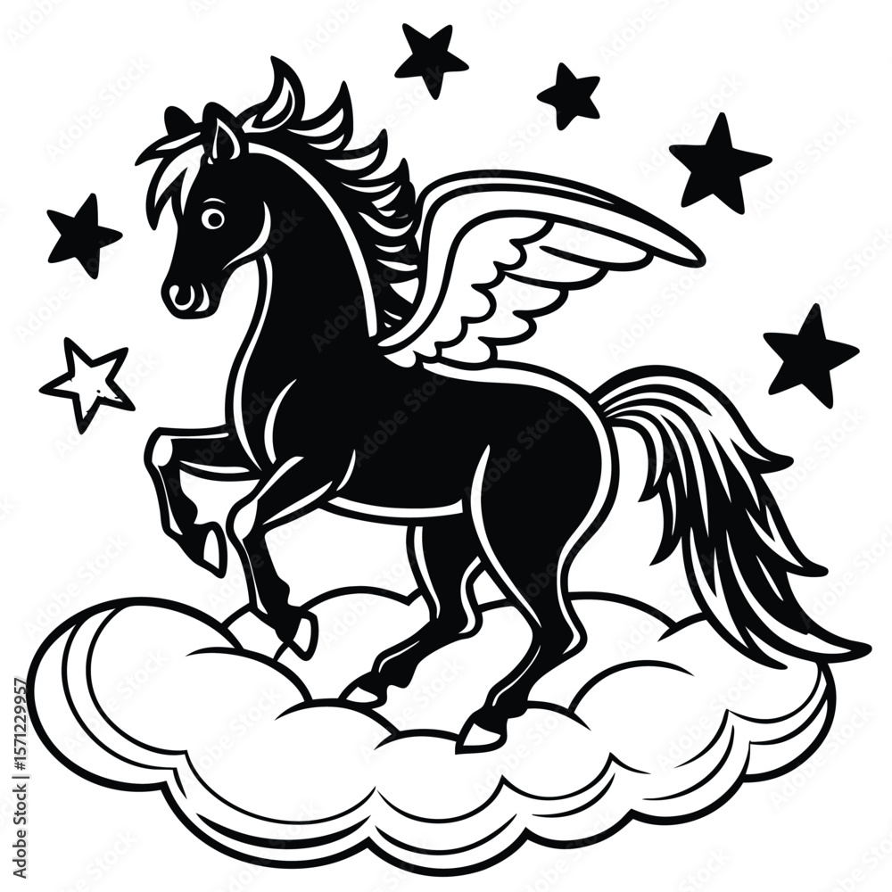 Fototapeta premium Mythical pegasus horse flying among stars and clouds silhouette