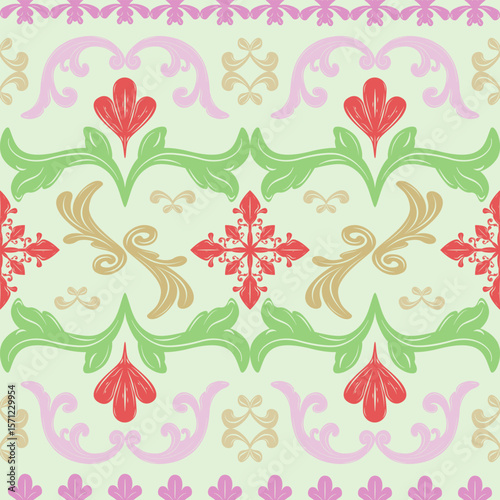 Colorful Grandiose Delicate Ornament Medieval Seamless Border Pattern. Pink Red Green Gold Fabulous Summer Spring Luxury Detailed Rich Decoration Embroidery Textiles Floor Tiles Apparel Garment Scarf