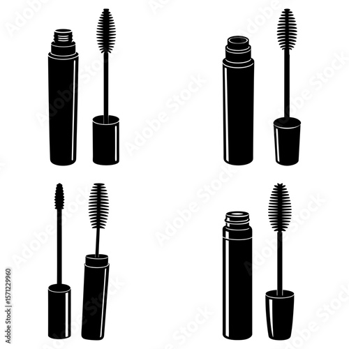 Four sets of mascara tubes and wands displayed in black silhouette against a white background image view