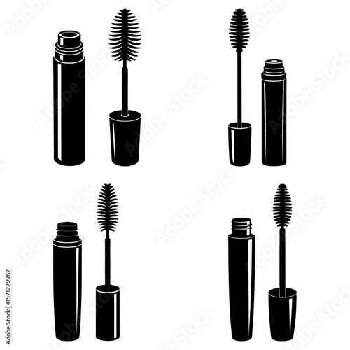 Depicts four pairs of mascara tubes with wands, showcasing beauty and cosmetic product design elements