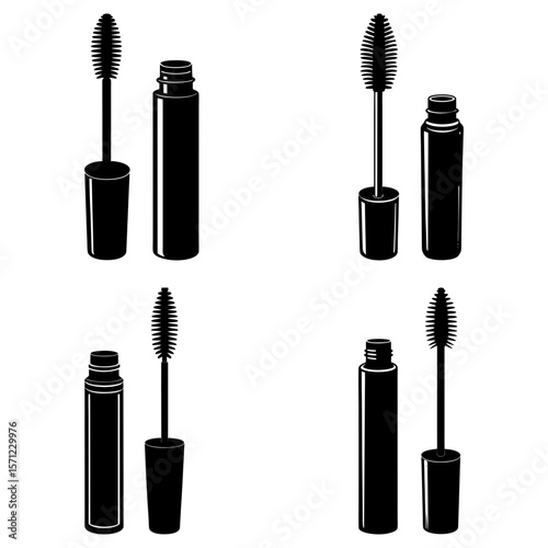 Illustration showing multiple mascara tubes and applicators in a black and white graphic design style