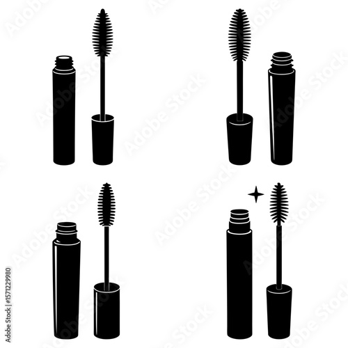 Four black mascara tubes with brushes arranged in a grid pattern on a white background image view
