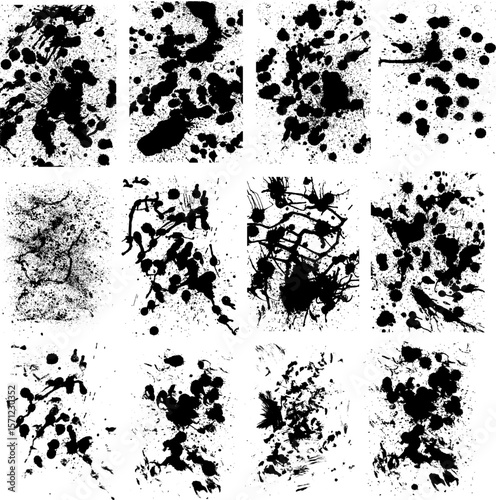 Collection of high-contrast black brush, ink splatters textures with various abstract stains, drips, and blot effects. Abstract grunge design element is for versatile design use, dirty texture.