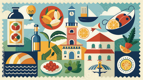 Coastal village scene with food and drink elements vector