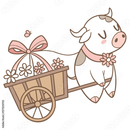 Pink vintage illustration of a baby girl in a carriage with a toy ox