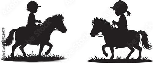 Kids Riding Ponies Silhouette Illustration vector