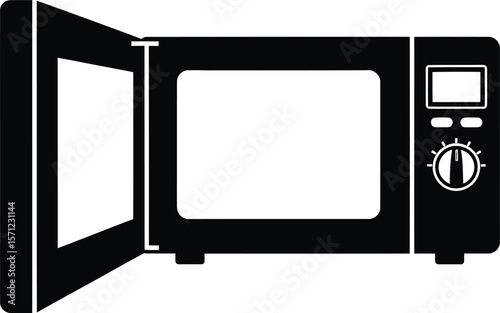 A sleek microwave oven with an open door, ready for cooking and heating food in a modern kitchen