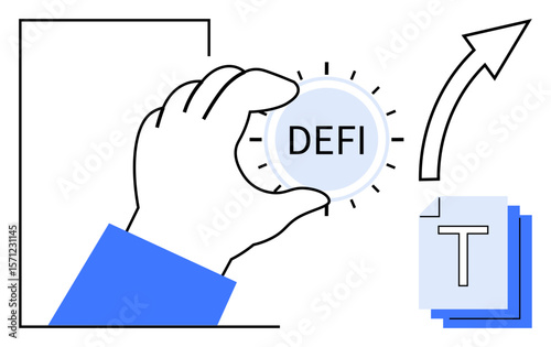 Hand holding DeFi token symbolizing decentralized finance, arrow indicating growth, layered tech blocks. Ideal for finance, innovation, technology, cryptocurrency, strategy, progress simple landing