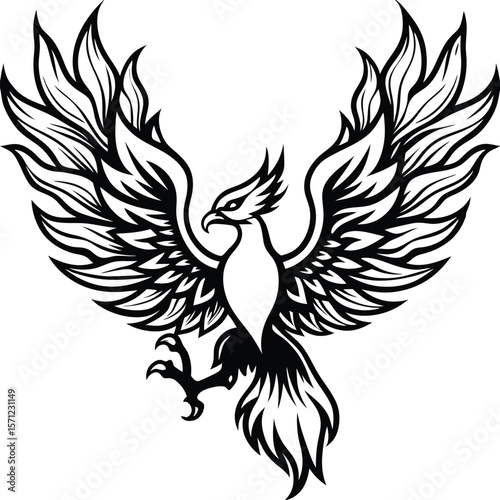 Majestic phoenix bird spreading its wings in a stylized black silhouette