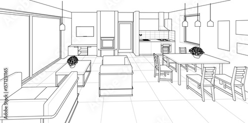 interior kitchen living room 3d illustration	

