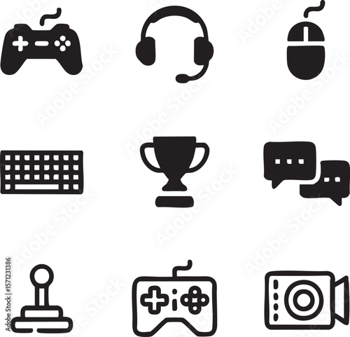 Black and white gaming icon set featuring controllers headset mouse and other gaming equipment