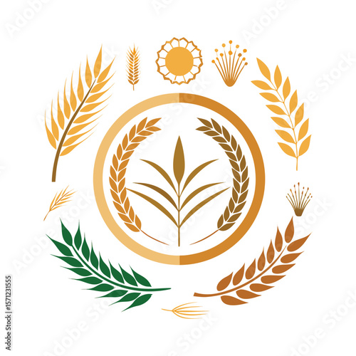 Wheat Wreaths and Grain Spikes Icon Set – Vector Agriculture and Harvest Symbols