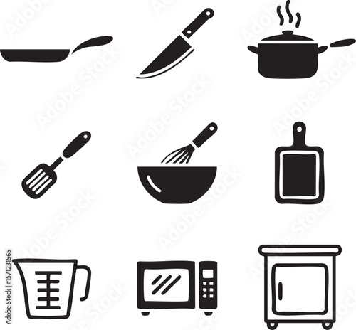 Black and white kitchen tools icon set vector illustrating cooking utensils including pan knife pot spatula bowl cutting board microwave and measuring cup
