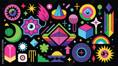 Colorful geometric abstract shapes and symbols background black