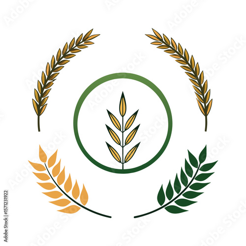 Wheat Wreaths and Grain Spikes Icon Set – Vector Agriculture and Harvest Symbols