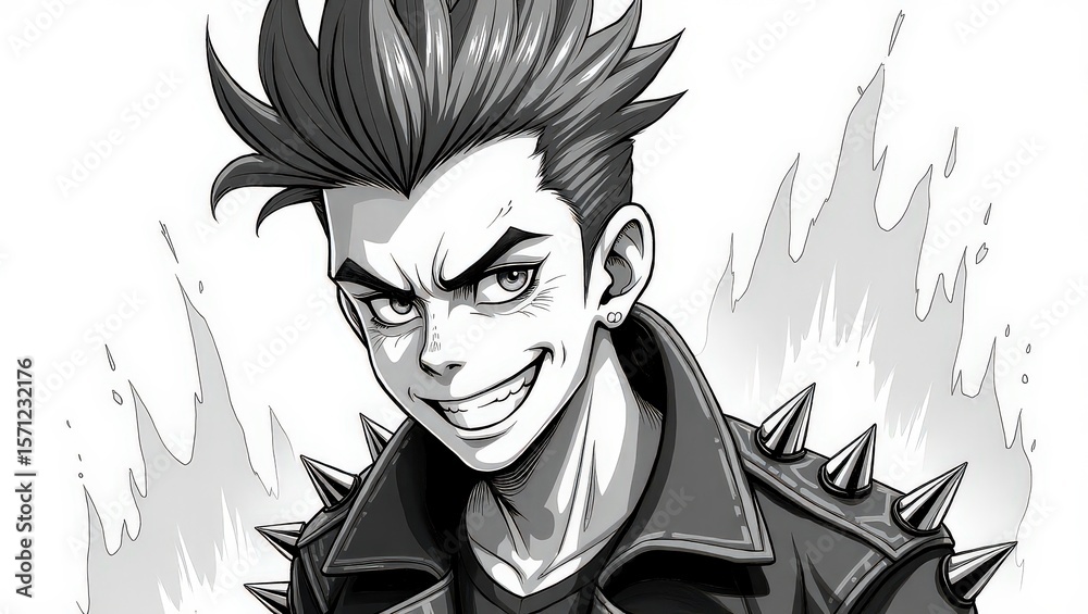 Fototapeta premium Monochrome Anime Bad Boy with Spikes and Mischievous Smile
