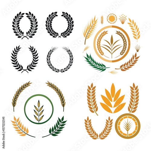 Wheat Wreaths and Grain Spikes Icon Set – Vector Agriculture and Harvest Symbols
