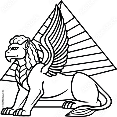 Ancient egyptian winged sphinx creature with pyramid in the background silhouette