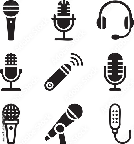 Black silhouette podcast and recording microphone icon set vector illustration with headphones for broadcast and studio audio equipment