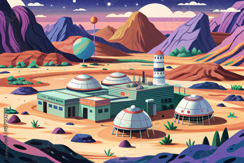 Mars landscape, red desert terrain, sci-fi planet surface, futuristic research base, space exploration scene, extraterrestrial environment, science fiction colony, alien world, astronomy, isolated sci