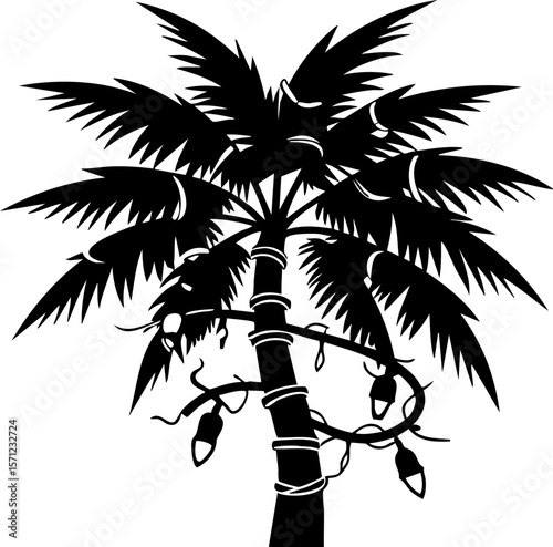Palm tree with hanging string lights silhouette, tropical decoration, festive atmosphere, outdoor lighting, summer party vibe, transparency