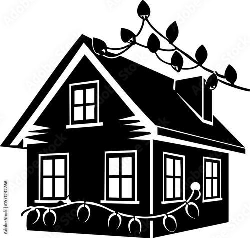 House silhouette with leaves and vines decoration, cozy home concept with nature elements and simple design
