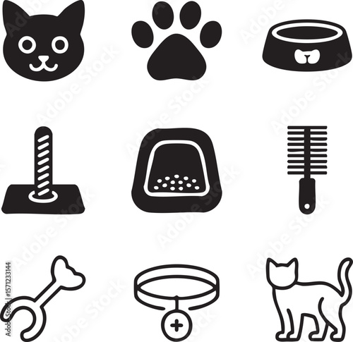 Cat care silhouette icon set collection of essential supplies pet accessories and feline essentials depicted in minimalist design