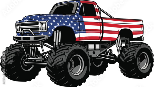American Flag Monster Truck Vector Illustration.