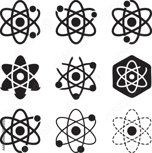 Collection of black and white atom icons depicting science and technology icon set with variations and unique styling for creative projects