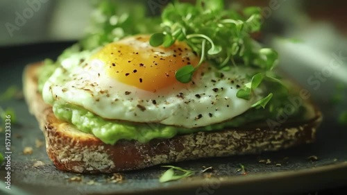 Avocado toast with poached egg and microgreens, served on artisanal bread, natural light