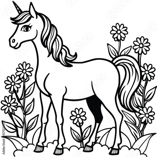 Charming unicorn standing in a field of flowers silhouette
