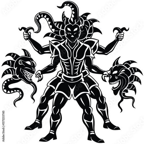 Mythical multi armed creature with demonic heads and tentacles silhouette