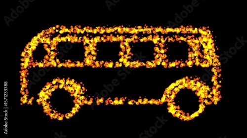 Bus symbol with fire particles effect on plain black background