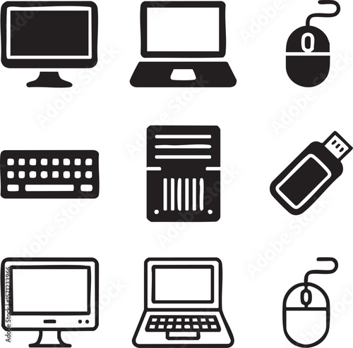 Computer hardware icon set featuring desktop laptop keyboard mouse flash drive and server icons