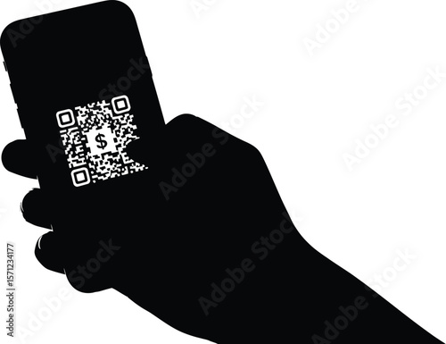 A hand holds a smartphone scanning a qr code for a mobile payment transaction