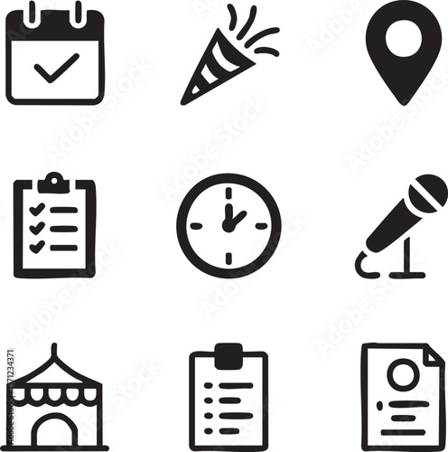 Event planning and organization flat icon set emphasizing appointments celebration locations and tasks promoting efficiency time management and coordination of activities black on white