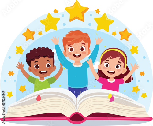 A big open book held up by smiling kids with stars and ideas floating out, symbolizing the magic of reading