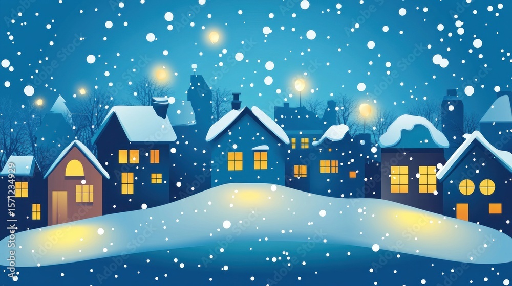 Fototapeta premium Snow-covered village at night, illuminated houses, falling snow, dark blue sky, winter scene