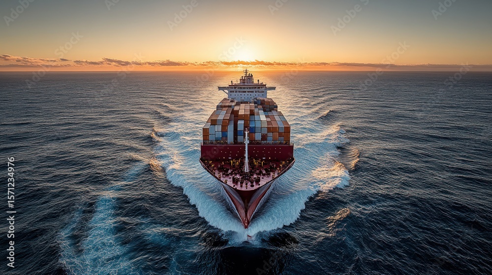 Fototapeta premium Cargo ship at sunset, powerful, ocean