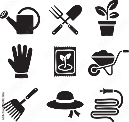 Garden tool icon set featuring watering can,shovel,rake,gloves,hat,seed packet,wheelbarrow and hose in black silhouette