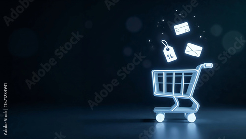 Modern Semi-Transparent Shopping Cart with Floating Online Retail Icons on Dark Background