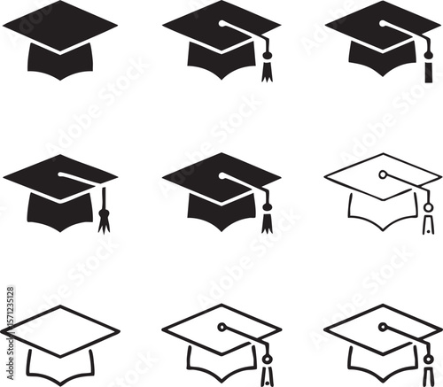 Graduation cap icon set in various styles education symbol academic hat vector illustration college university achievement graduation ceremony and success black and white design