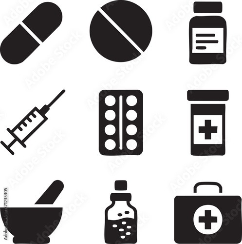 Healthcare and medicine icon set featuring pills syringe and first aid kit minimalist design collection of medical supplies
