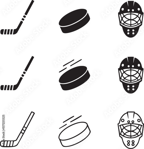 Hockey equipment icon set featuring stick puck and goalie mask in black and white minimalist style illustration