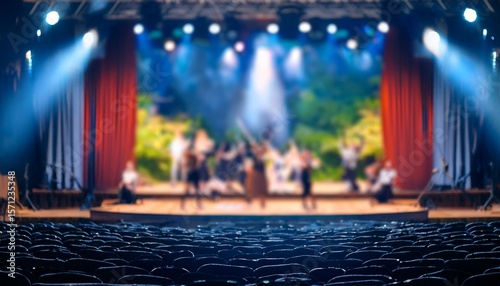 blurred background of an outdoor theater stage with performers